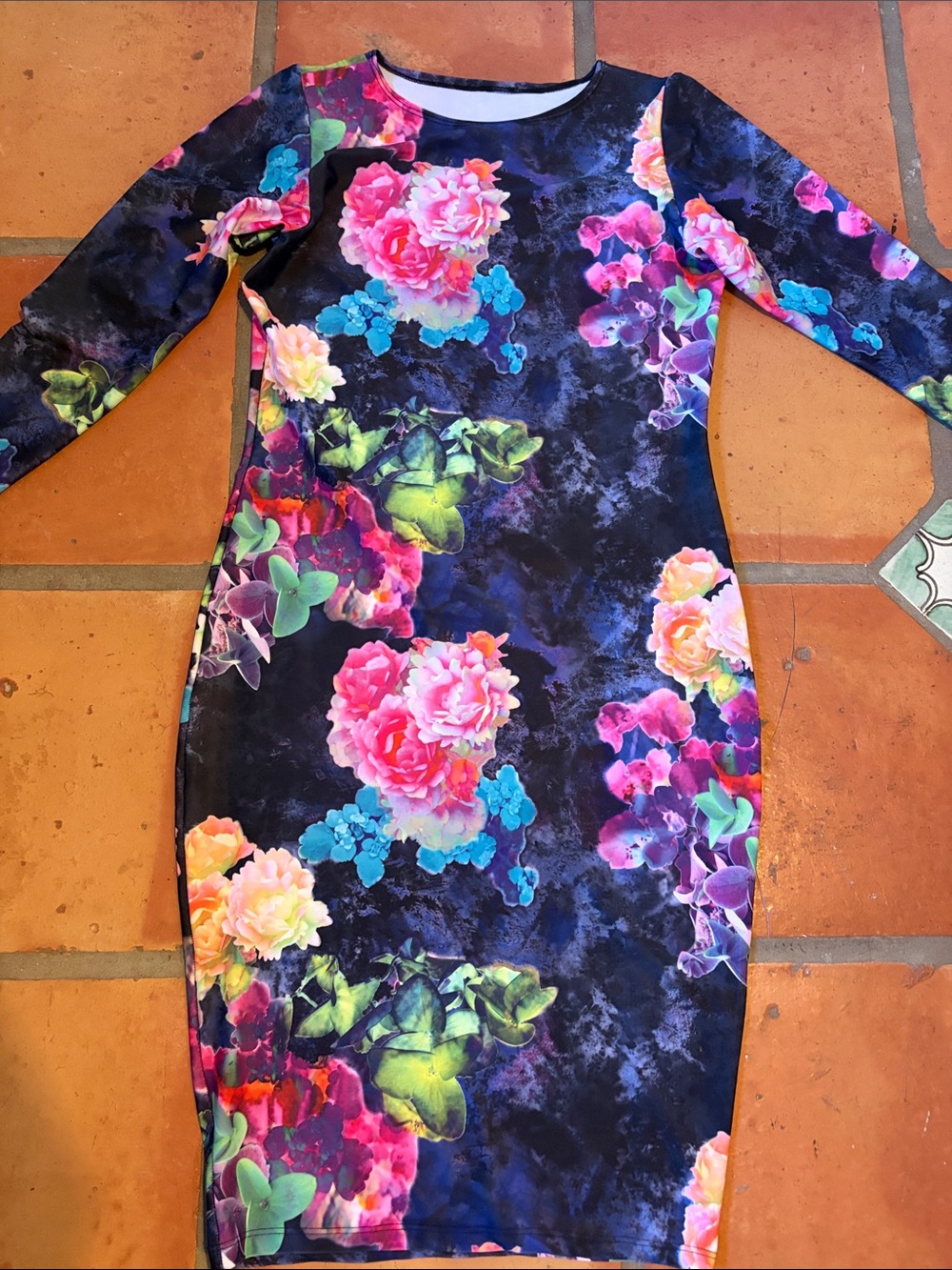 Floral Bodycon Dress in Black with Bright Pink & Teal Blooms